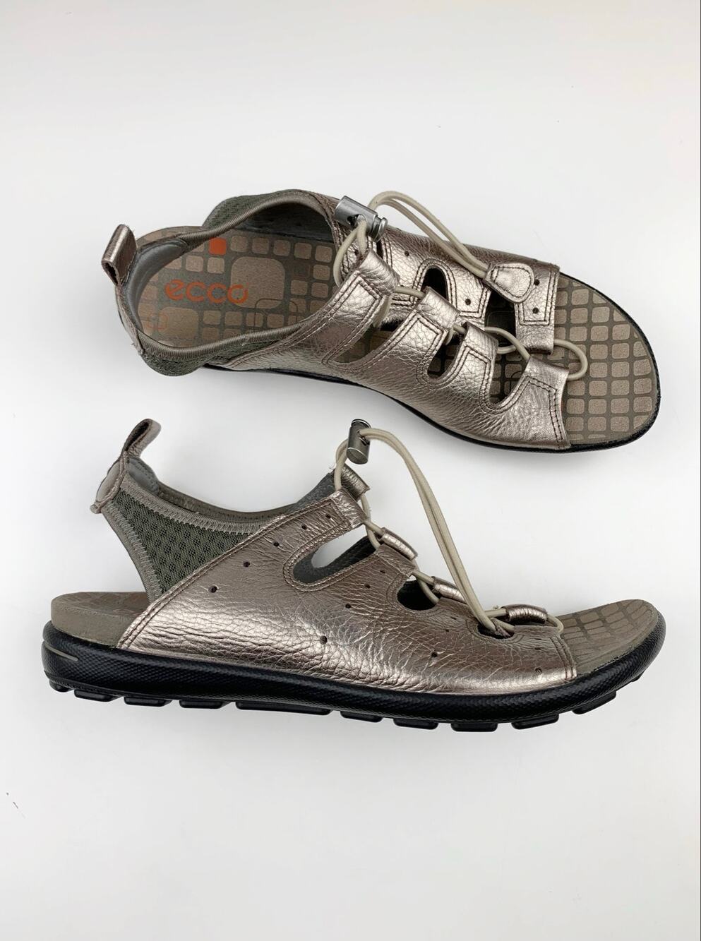 Ecco Jab Toggle Metallic Pewter Leather Sport Sandals Comfort Womens 39 US 8 8.5